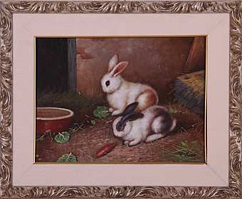 Картина итальянского живописца по мотивам Walter Hunt (1861-1941)  холст, масло   art. 114-c      Кролики фабрика  из Италии