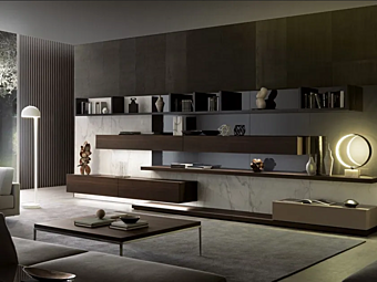 Секционная стенка для хранения с интегрированным освещением из древесных материалов MISURAEMME Tao фабрика MisuraEmme из Италии